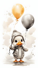Ink wash painting, an adorable baby duck, being lifted towards the sky by holding a balloon, illustration for kid's room