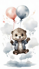 Ink wash painting, an adorable baby otter, being lifted towards the sky by holding a balloon, illustration for kid's room