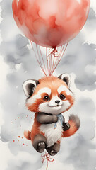 Ink wash painting, an adorable baby red panda, being lifted towards the sky by holding a balloon, illustration for kid's room