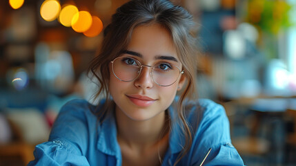 A gorgeous brunette with a captivating gaze, wearing a blue shirt and a pair of glasses, sitting at a desk and holding a pen, looking at the camera with a smart smile.  - Powered by Adobe