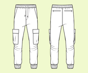 Men's Cargo Pant Trousers - Black and White Outline Fashion Flat Sketch with Front and Back View.