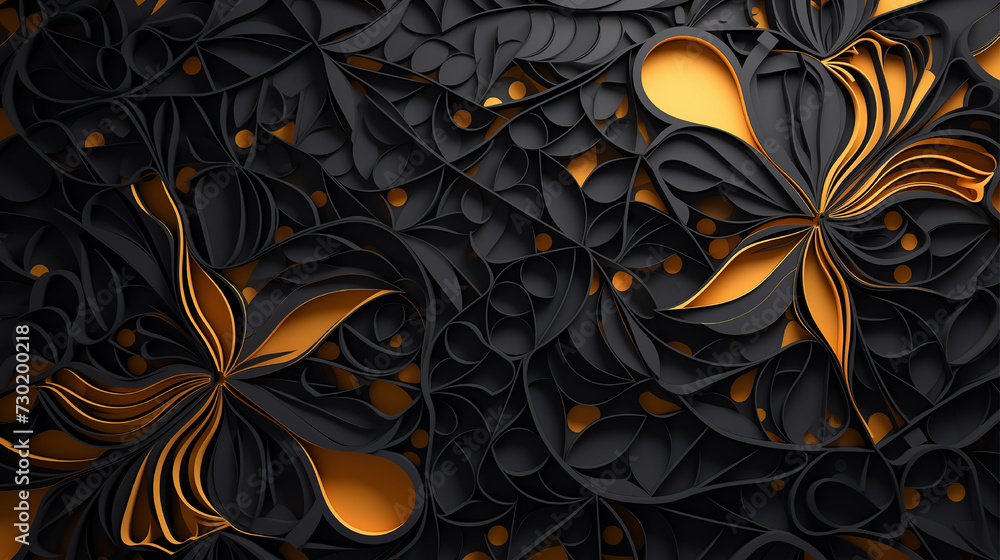 Poster dynamic abstract pattern in black and gold, echoing unreal engine 5, with striking contrasts of dark