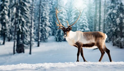 Deer with big antlers in winter snowy forest. Wild animal.