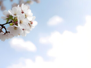 Fototapeta premium Cherry Blooms Creating a Serene Contrast Against a White-Blue Cloud Background.
