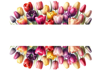 Watercolor of tulip flower banner with leaves on transparent background