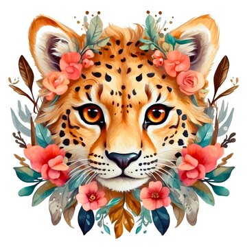 Watercolor illustration portrait of a cute adorable cheetah with flowers on isolated white background.

