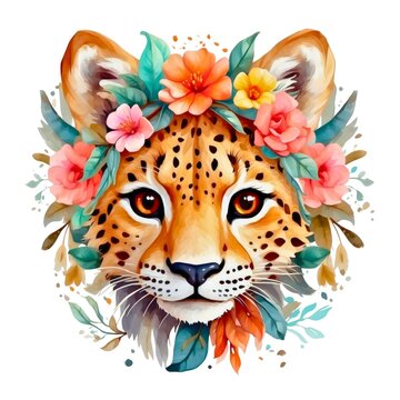 Watercolor illustration portrait of a cute adorable cheetah with flowers on isolated white background.
