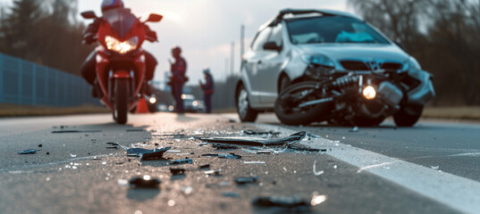Fototapeta premium Close-up of motorcycle accident with scattered debris on the road