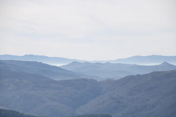 View from the Serra do Marão to the western horizon. Green mountain park.