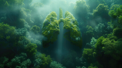 concept image, Showing dense forest trees in the shape of a lung. In the lush and pristine forest. - obrazy, fototapety, plakaty