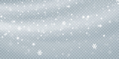 Falling white snow on transparent background. Texture winter snowflakes