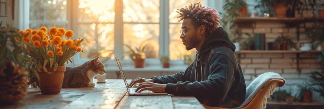 Confident African-American businessman using a black laptop in a modern office, showcasing professionalism and expertise in a digital workspace. - Powered by Adobe