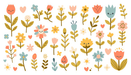 Isolated set with cute spring flowers and leaves in flat style. Kids design, for fabric, wrapping, textile, wallpaper