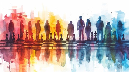 concept of Belonging Inclusion Diversity Equity DEIB, group of multicolor painted people on chess board floor , can be used for cards or posters
