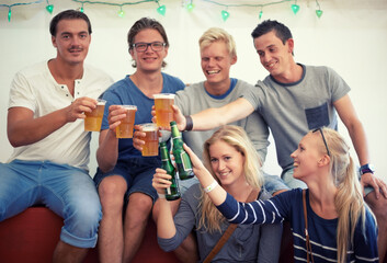 Portrait, beer and group of friends cheers for party, celebration or happy adventure together....