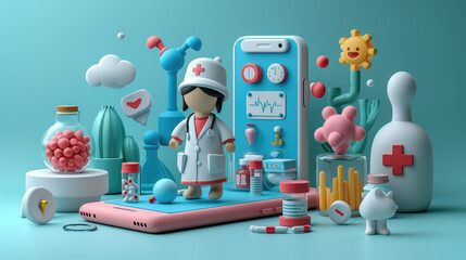 Telemedicine concept Visit a doctor using online technology through a smartphone with a flat cartoon character of a doctor. and medical icons