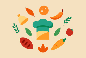 A collection of food ingredients from herbs and es to meats and grains arranged in a pattern around a chefs hat.