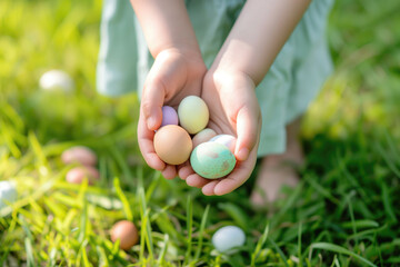 Children's hands hunting for easter eggs in green grass