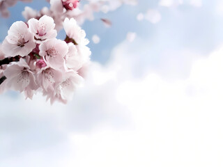 Fototapeta premium Cherry Blooms Creating a Serene Contrast Against a White-Blue Cloud Background.
