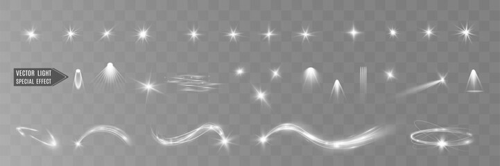 Light white wave and spotlight shine effect,glow line sparkle shine. Silver white wavy effects.	 - obrazy, fototapety, plakaty
