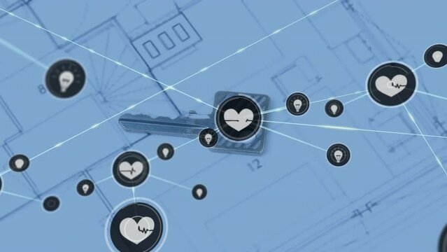Animation of network of health and idea icons over blueprints and house key