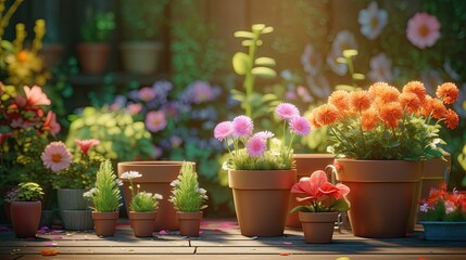 Fototapeta na wymiar Gardening background with flowerpots, yellow boots in sunny spring or summer garden