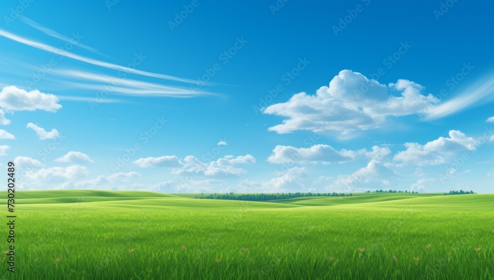 Wall mural green field on the horizon panoramic green field landscape view. blue mountains background and brigh - Wall murals