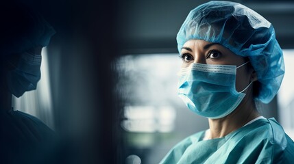 Medical woman with mask in a hospital with copy space