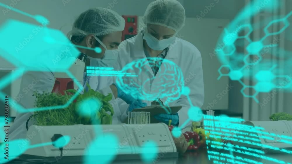 Poster animation of data processing and brains over caucasian scientists in lab