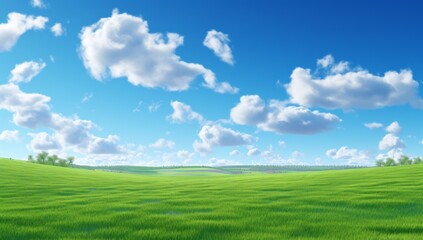 Green field on the horizon Panoramic green field landscape view. Blue mountains background and bright blue sky. Windows background, wallpaper - obrazy, fototapety, plakaty