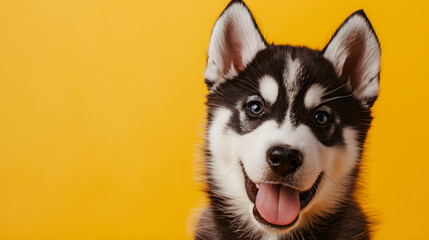 Siberian husky isolated on yellow background with copy space. Close up portrait of happy smiling dog puppy face head looking at the camera. Banner for pet shop. Pet care and animals concept for ads