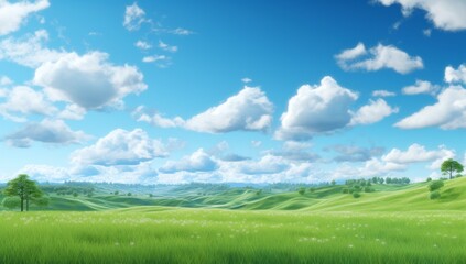 Green field on the horizon Panoramic green field landscape view. Blue mountains background and bright blue sky. Windows background, wallpaper