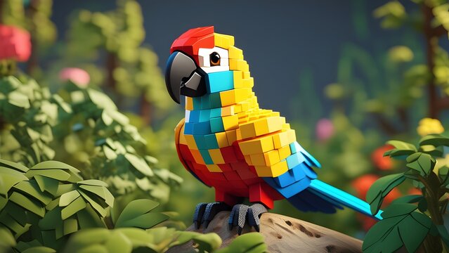 Voxel realistic cute parrot on neutral background made of 3D small cubes voxel illustration. Minecraft style. Illustrating 3d animation and vfx studios