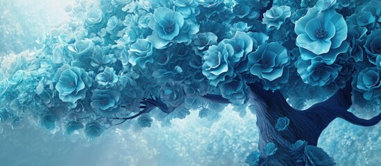 Custom-designed digital wallpaper featuring a 3D tree with blue flower motifs.