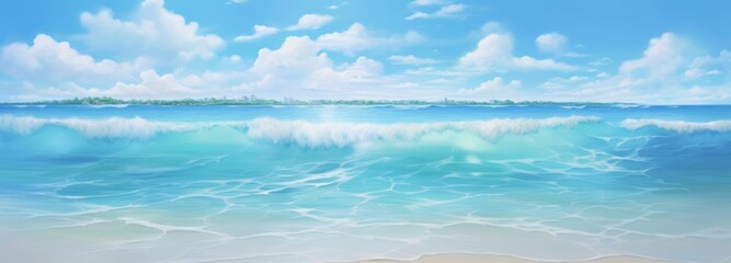 Beach scenery with blue water and bright fluffy clouds. A peaceful sandy beach is graced by the rhythmic melody of breaking ocean waves, harmonizing the vast sky creating a tranquil coastal haven - obrazy, fototapety, plakaty