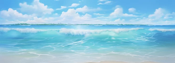 Fotobehang Beach scenery with blue water and bright fluffy clouds. A peaceful sandy beach is graced by the rhythmic melody of breaking ocean waves, harmonizing the vast sky creating a tranquil coastal haven © MD Media
