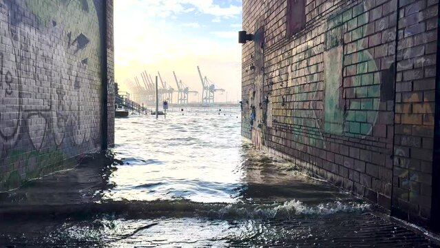 Sturmflut und Elbe Hochwasser am Hamburger Hafen St. Pauli Fischmarkt Fischauktionshalle