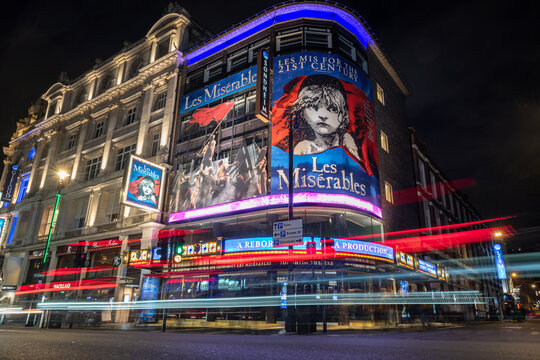 London. UK- 02.04.2024. A night time street view of the Sondheim Theatre on Shaftesbury Avenue hosting the musical Les Miserables.