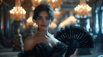 A stunning brunette with a elegant style, wearing a black gown and a pair of gloves, standing in a ballroom and holding a fan, looking at the camera with a graceful smile.  - Powered by Adobe