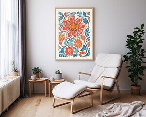 Abstract paper cut floral poster on the white wall and recliner chair. Interior design of modern living room