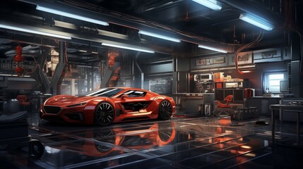Futuristic auto repair workshop with modern futuristic sports car concept