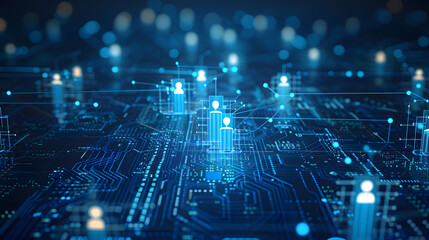 A circuit board with glowing blue icons representing different people.