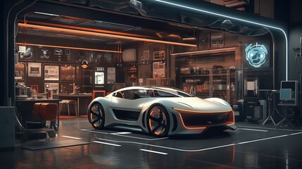 Futuristic auto repair workshop with modern futuristic sports car concept
