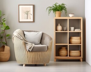 Barrel and wicker chair against cream color wall with shelving unit. Scandinavian style interior design of modern living room