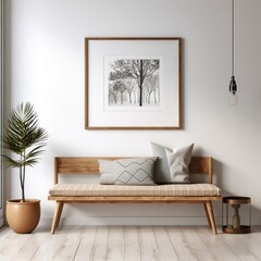 Art poster frame on white wall above gray bench in mid-century interior design of modern living room
