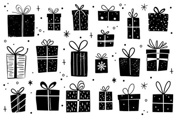Presents vector illustration. Gift boxes for christmas or birthday in style of hand drawn black doodle on white background. Giftboxes silhouette sketch