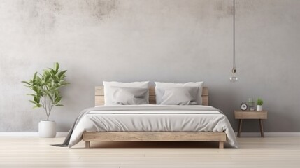 Nordic Serenity: Bed Against Grey Empty Wall with Copy Space in a Modern Bedroom Adorned with Greenery - Tranquil Interior Design
