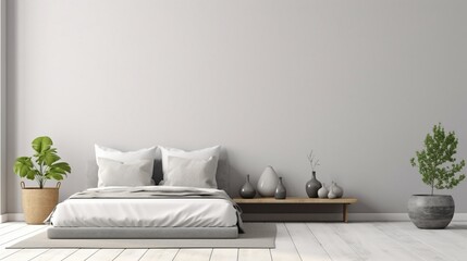 Serene Simplicity: Bed Against Grey Empty Wall with Copy Space in a Nordic Interior Design Modern Bedroom Adorned with Greenery