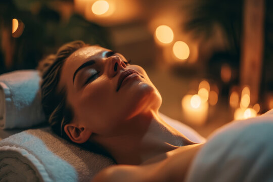 The girl relaxes and gets a spa treatment next to water and burning candles, complete relaxation of body and soul