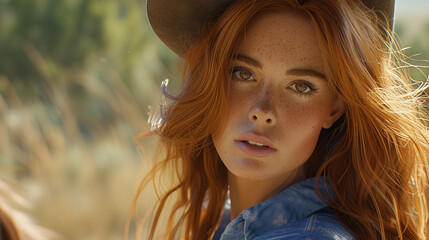 A young and extremely gorgeous female model with straight red hair and brown eyes, wearing a blue shirt and a hat, riding a horse in a ranch and looking at the camera with a friendly wave. 
